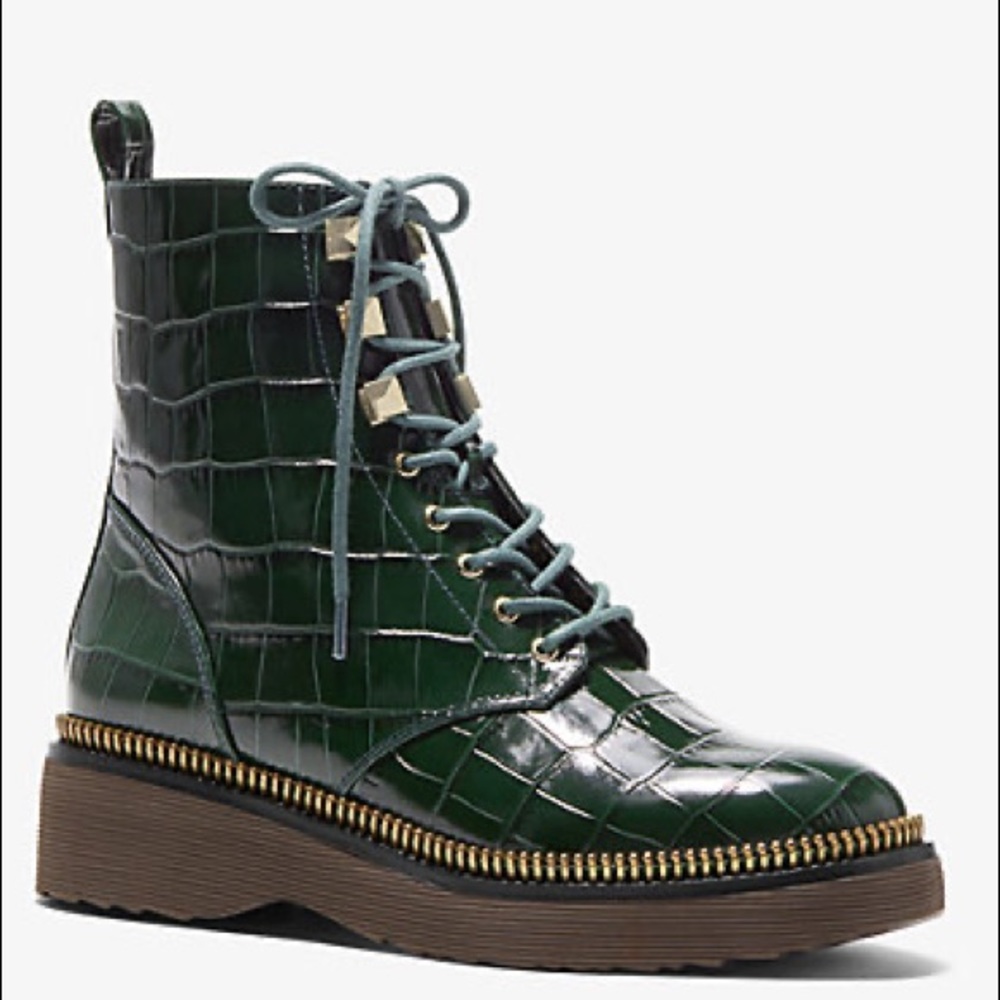 Michael Kors Haskell croc embossed leather bootie, combat boots, moss green, 9.5 - Picture 2 of 15